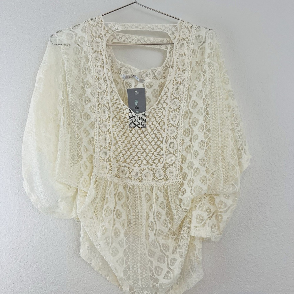 Blue Planet Blouse Lace Crochet Boho Ivory Batwing Sleeves Cropped L Large